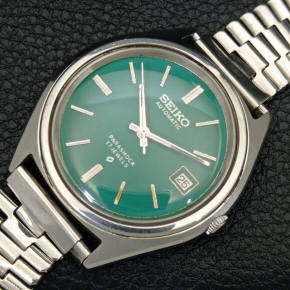 Vintage 1982 Seiko Automatic Mens Silver Watch W/daydate & Green accents - Picture 6 of 10